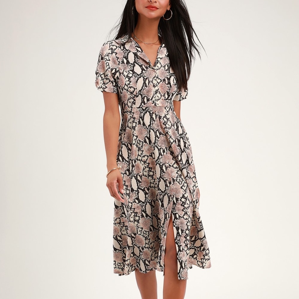 Lulu’s Beige Snake Print Collared Midi Dress - image 3